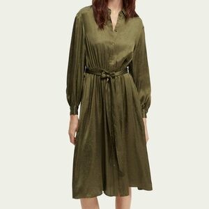 Scotch & Soda olive green silky tie front midi collared wrap dress size medium